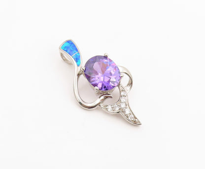 925 Sterling Silver Vintage Pendant Amethyst & Fire Opal Inlay Drop  PT25989