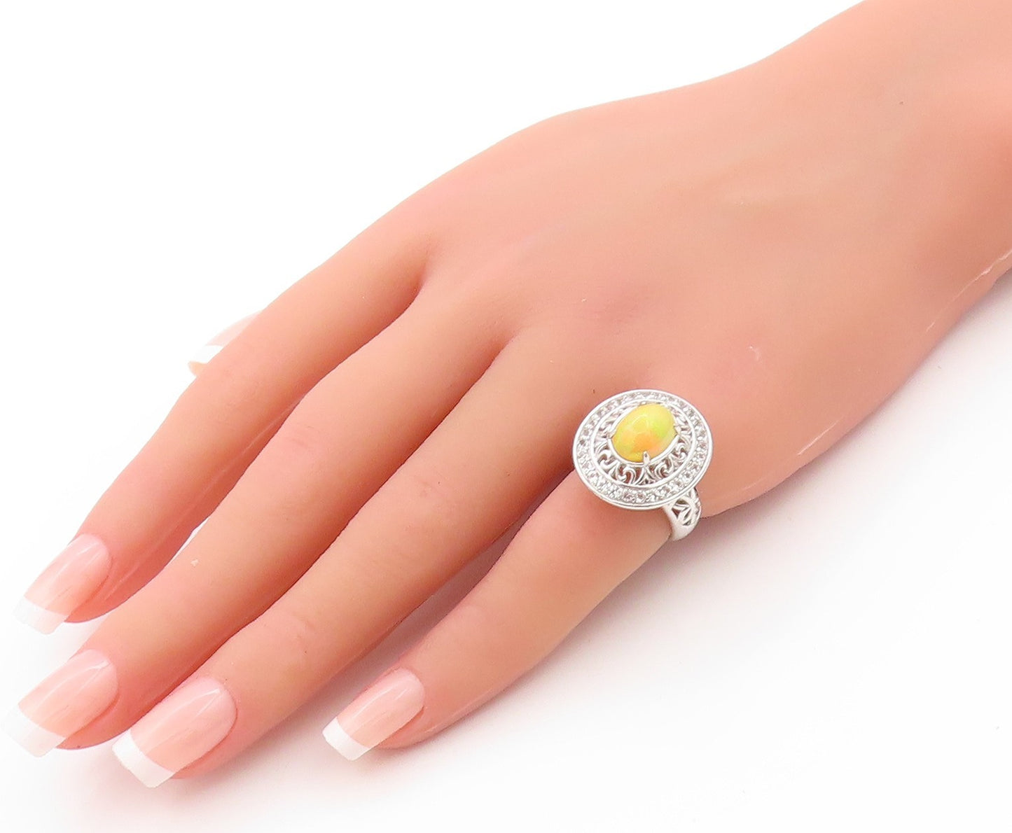 925 Sterling Silver Vintage Ring Oval Fire Opal Halo Topaz Bands  Sz 5  RG32724