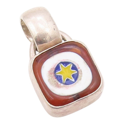 925 Sterling Silver  Vintage Enamel Art Wok On Square Amber Pendant  PT21306