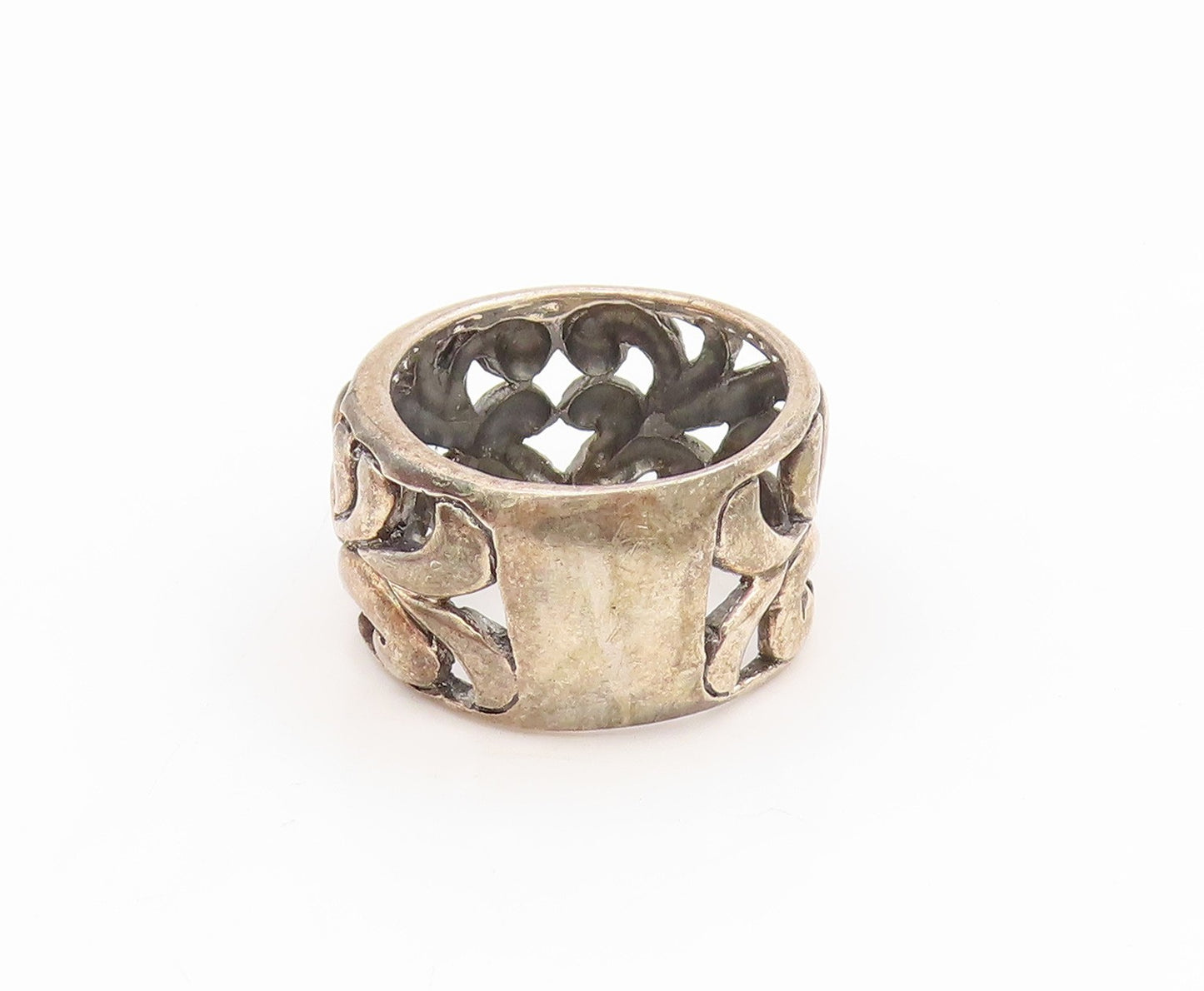 925 Sterling Silver Vintage Ring Swirly Scrollwork Love Heart Band Sz 8 RG34565