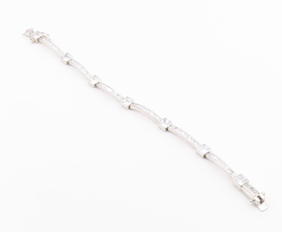 925 Sterling Silver  Vintage Shiny Cubic Zirconia Bar Chain Bracelet  BT8841