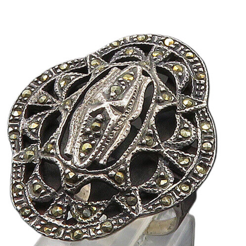 925 Sterling Silver  Vintage Marcasite Victorian Cocktail Ring Sz 6  RG19161