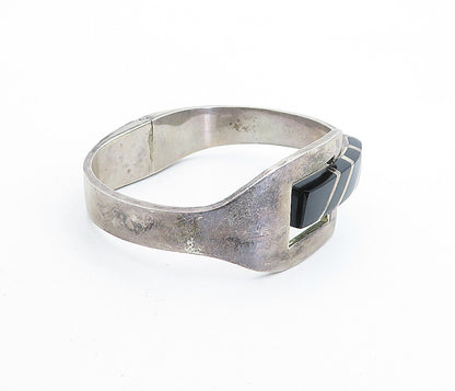 MEXICO 925 Silver  Vintage Inlaid Black Onyx Buckle Bangle Bracelet  BT2022