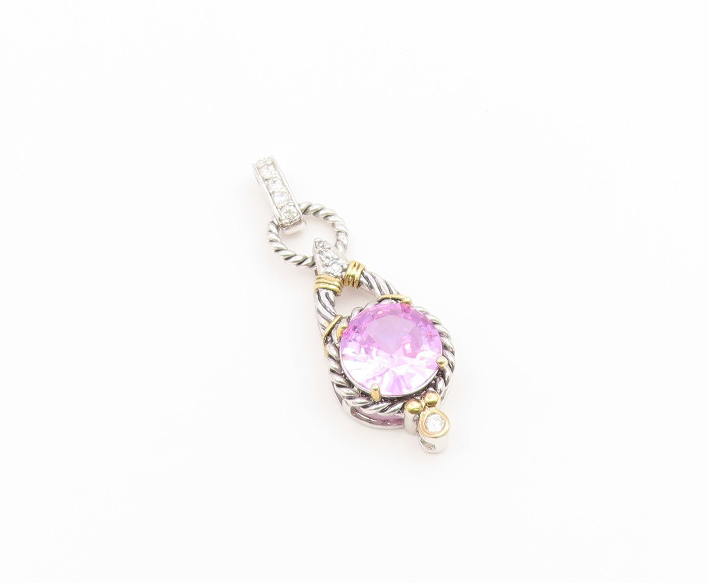 925 Sterling Silver Vintage Pendant Two Tone Amethyst Twisted Cable Drop PT26615