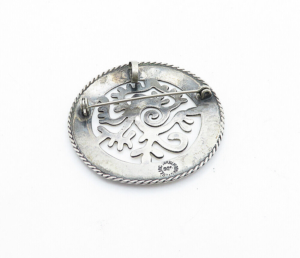 MEXICO 925 Sterling Silver  Vintage Traditional Design Round Brooch Pin BP2744