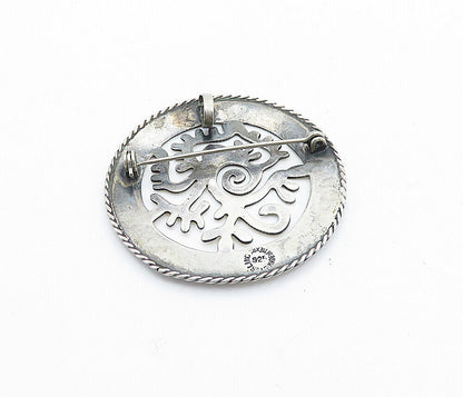 MEXICO 925 Sterling Silver  Vintage Traditional Design Round Brooch Pin BP2744