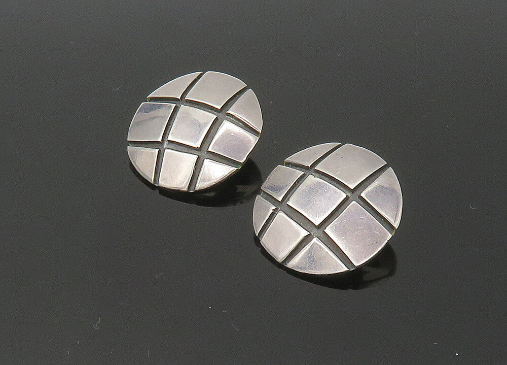 MEXICO 925 Sterling Silver  Vintage Round Grid Non Pierce Earrings  EG11068