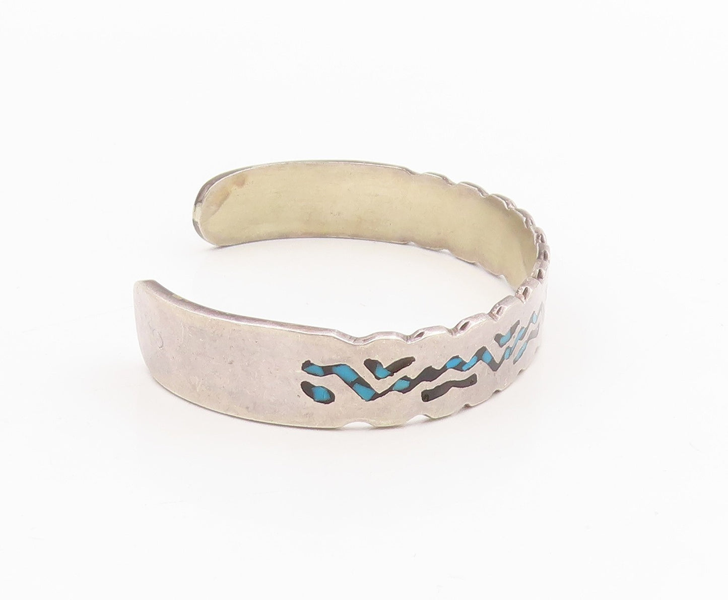 925 Sterling Silver Vintage Bracelet Crushed Turquoise Inlay Zigzag Cuff BT11602
