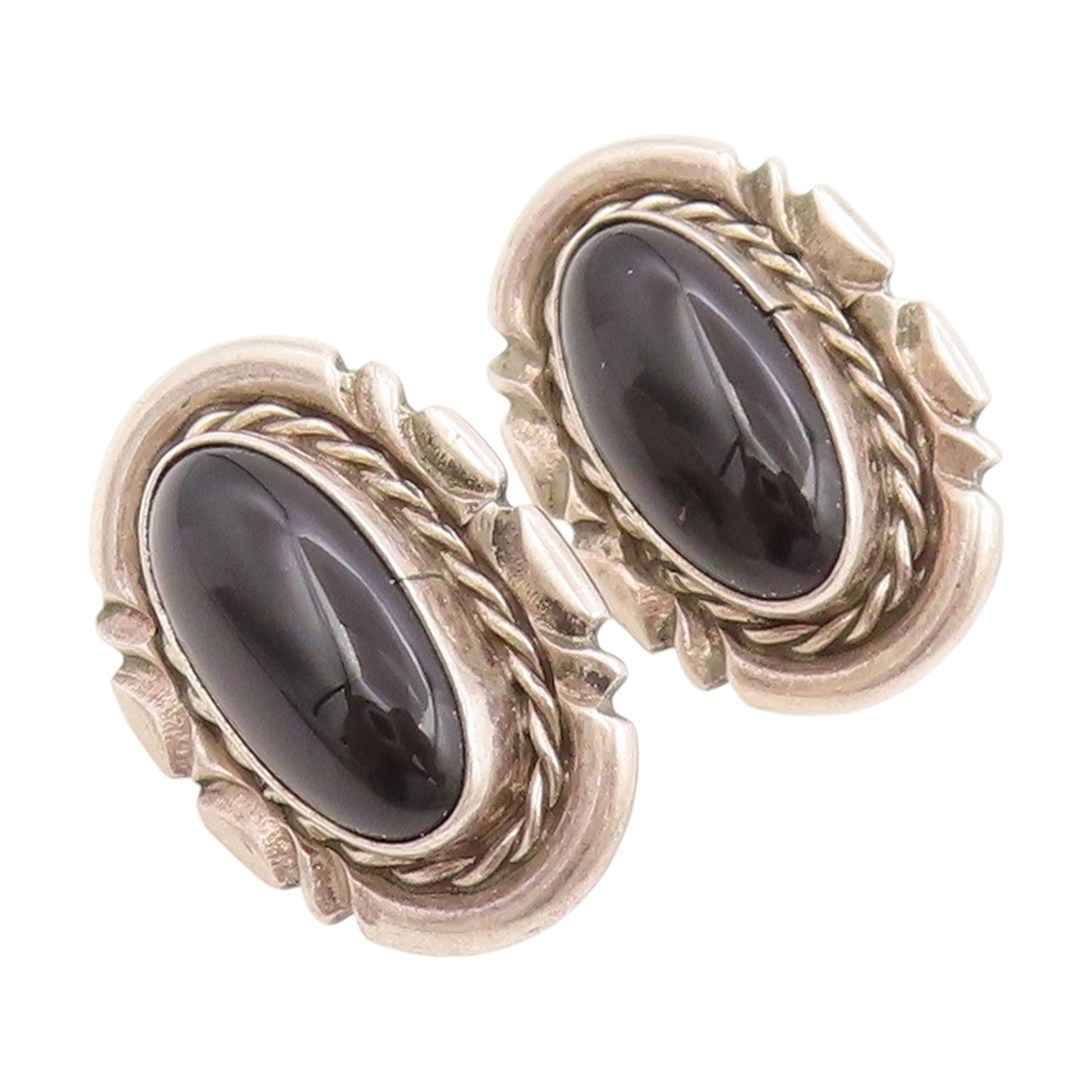 925 Sterling Silver Vintage Earrings NAVAJO Cabochon Onyx Bold Studs  EG14034
