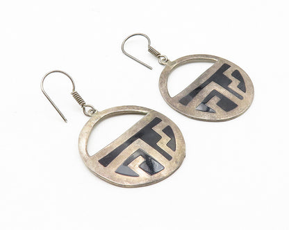 MEXICO 925 Sterling Silver  Vintage Black Onyx Pattern Dangle Earrings  EG5636