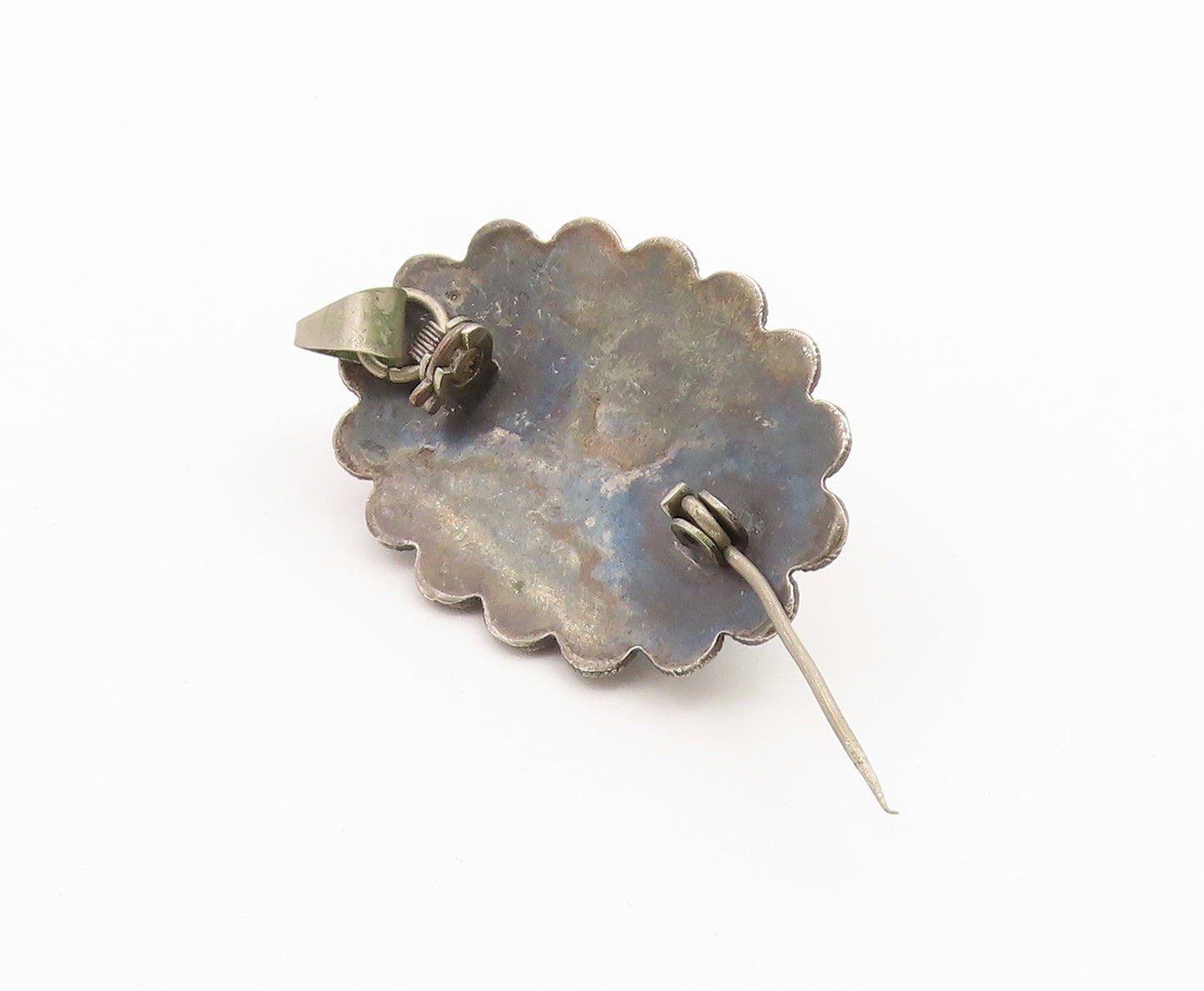 925 Sterling Silver Vintage Brooch Pin Multi gemstone Scalloped Border  BP12644