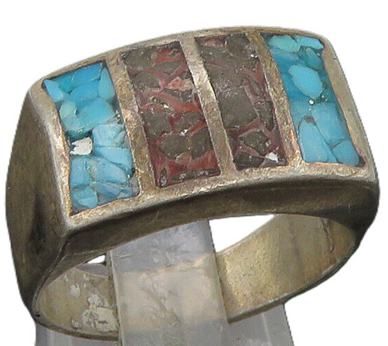 SOUTHWESTERN 925 Silver Vintage Turquoise & Jasper Band Ring Sz 8 RG22966