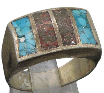 SOUTHWESTERN 925 Silver Vintage Turquoise & Jasper Band Ring Sz 8 RG22966
