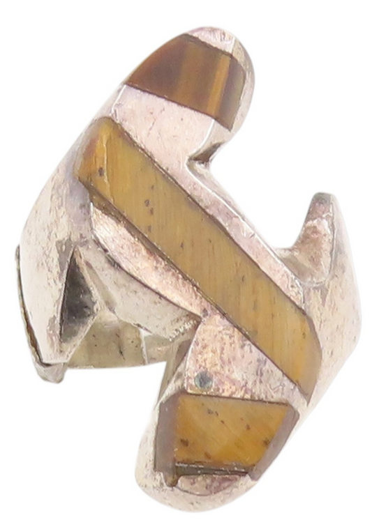 925 Sterling Silver Vintage Ring Solid Cutout Tiger's Eye Inlay  Sz 9  RG33280
