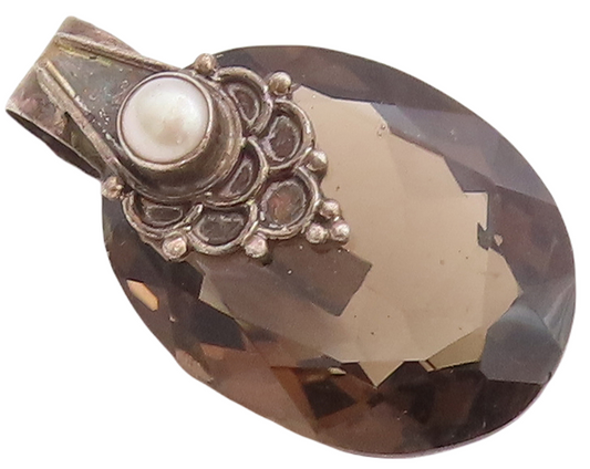 925 Sterling Silver Vintage Pendant Large Oval Smokey Quartz & Pearl  PT23345