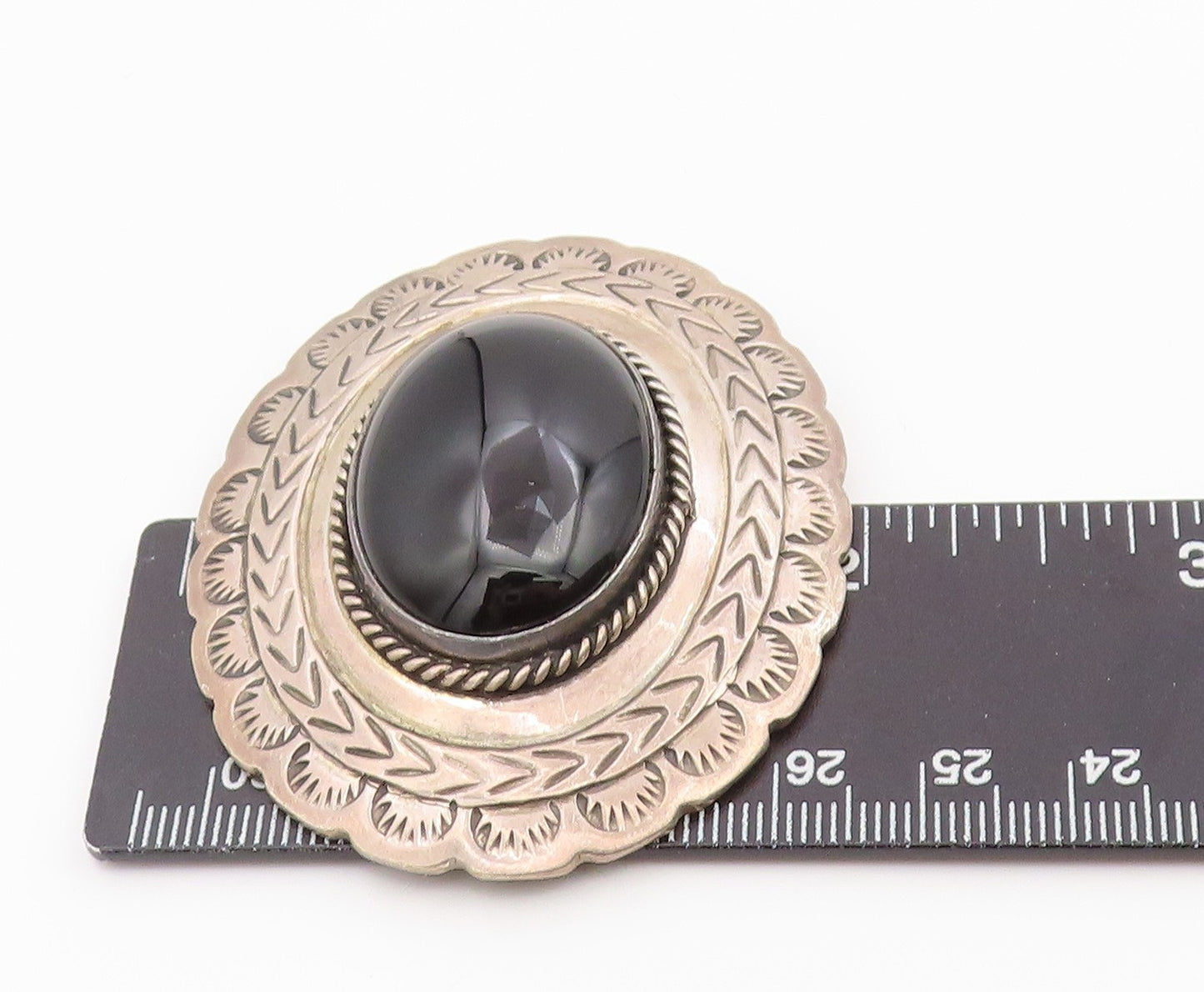 925 Sterling Silver Vintage Brooch Pin Cabochon Black Onyx  BP12346