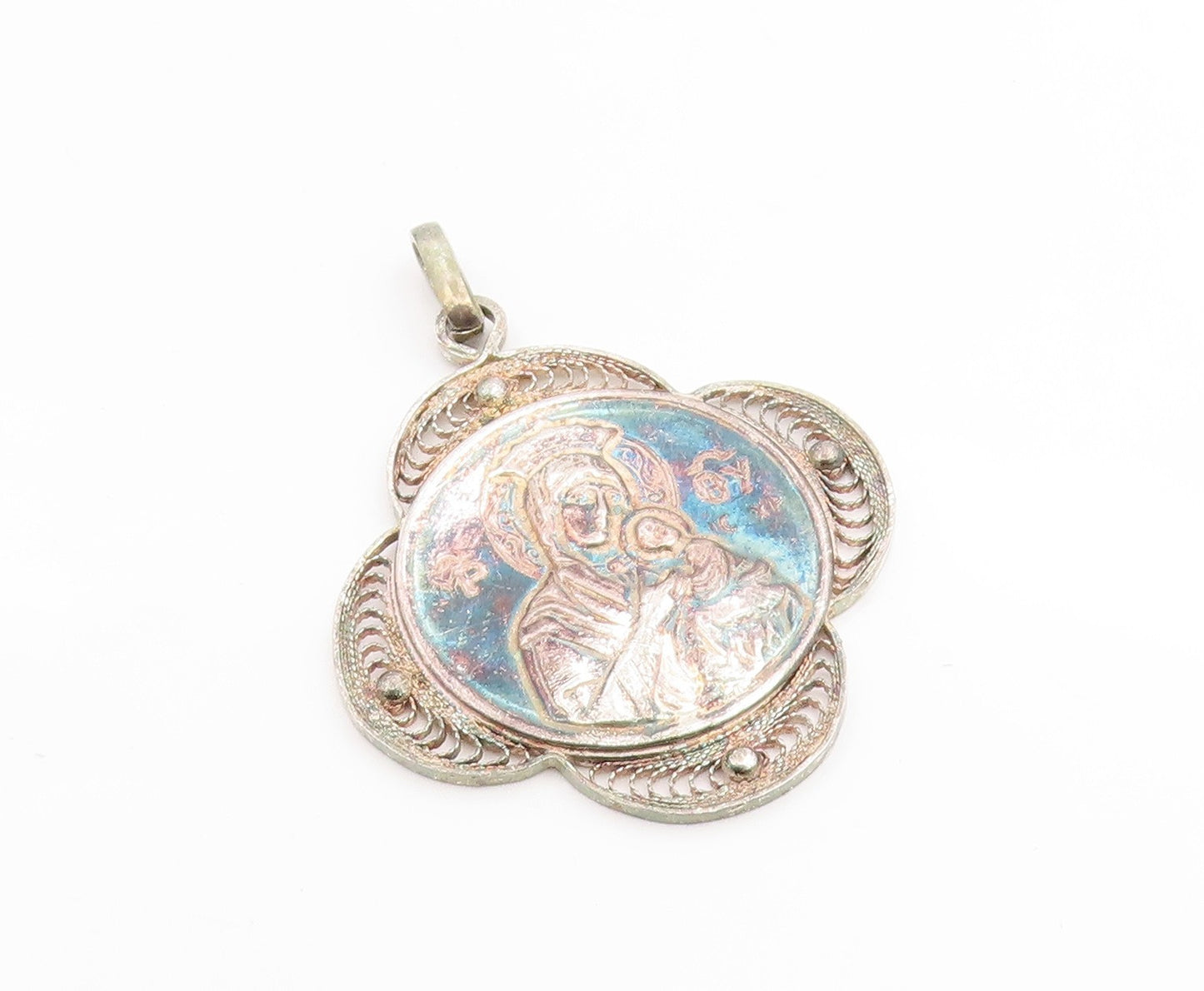925 Sterling Silver Vintage Pendant Religious Virgin Mary Filigree  PT25942