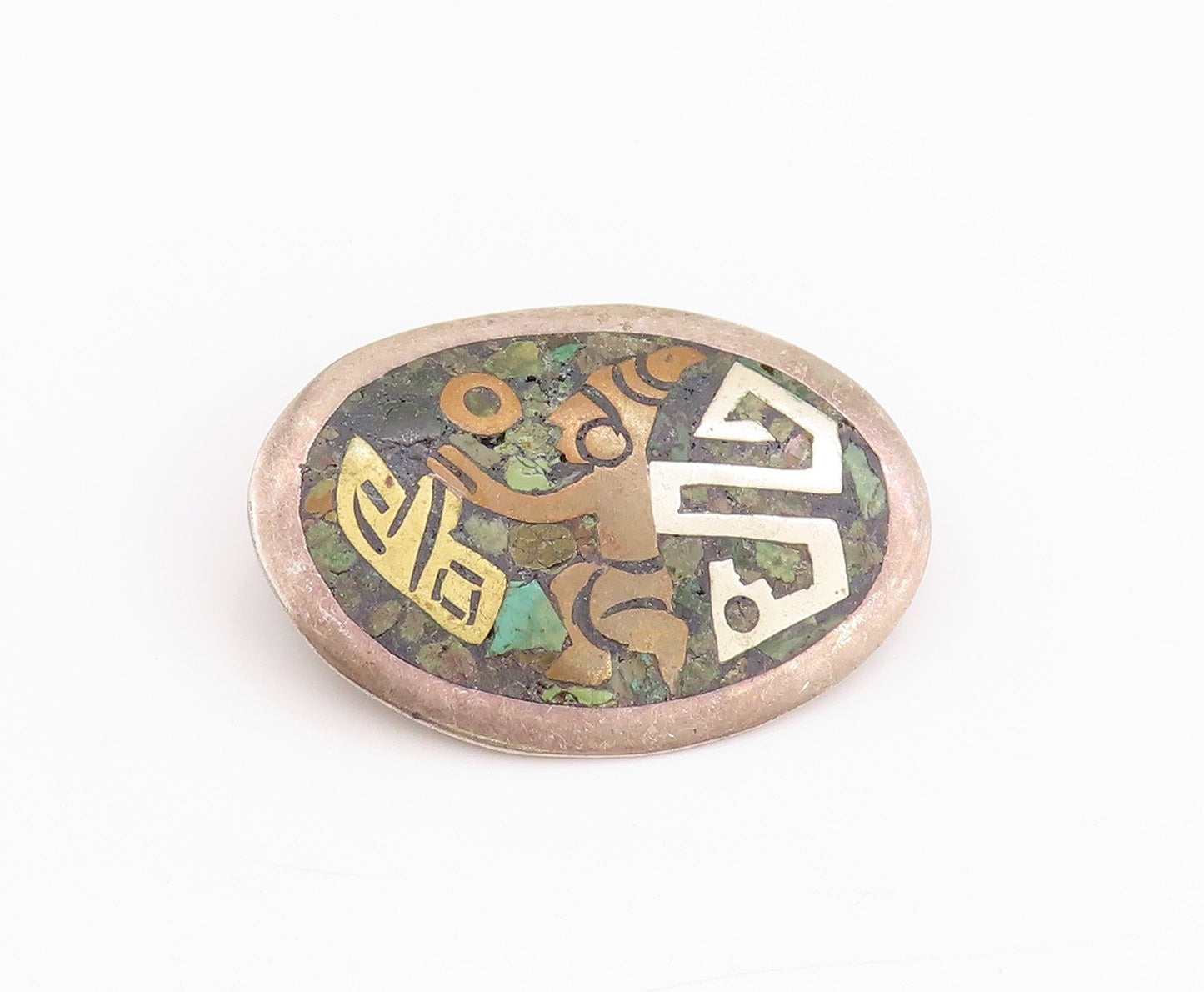 925 Sterling Silver Vintage Brooch Crushed Turquoise Inlay Dancing Man   BP11724