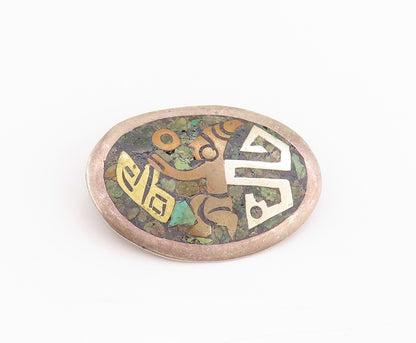 925 Sterling Silver Vintage Brooch Crushed Turquoise Inlay Dancing Man   BP11724