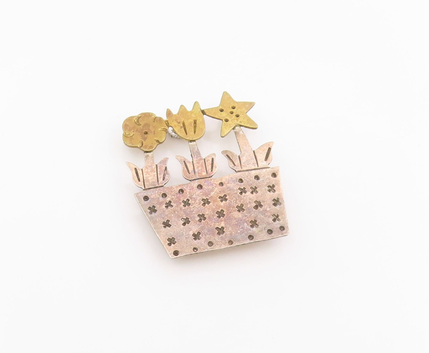 925 Sterling Silver Vintage Brooch Pin Etched Potted Flowers & Star  BP12160