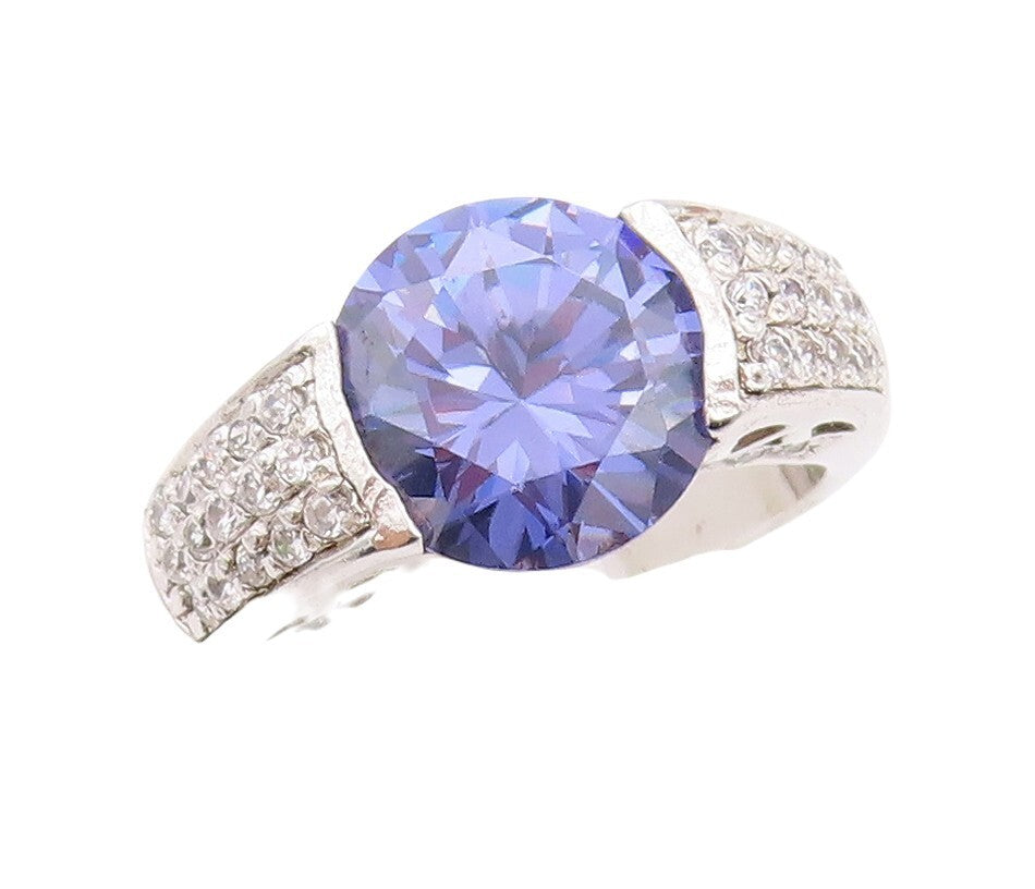 925 Sterling Silver Vintage Ring Designer Round Sapphire & Topaz  Sz 7  RG30042