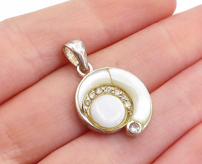 925 Sterling Silver  Vintage Mother Of Pearl & Topaz Swirl Pendant  PT3552