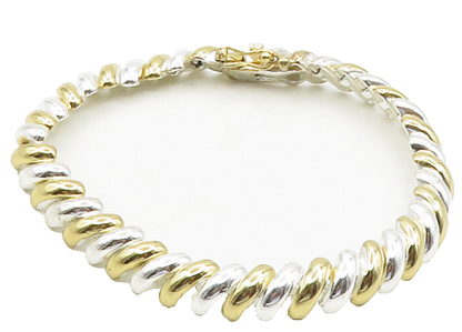 925 Sterling Silver  Shiny Polished Two Tone Dome Link Chain Bracelet  BT6115