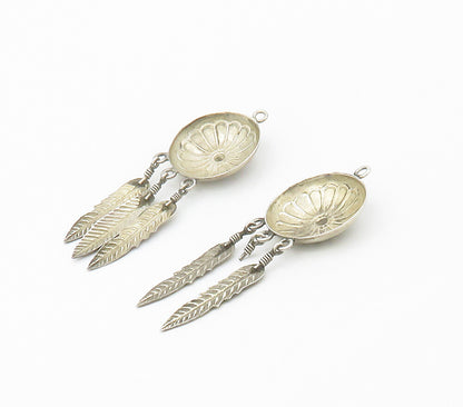 NAVAJO 925 Sterling Silver  Vintage Floral Feathers Dangle Earrings  EG8579