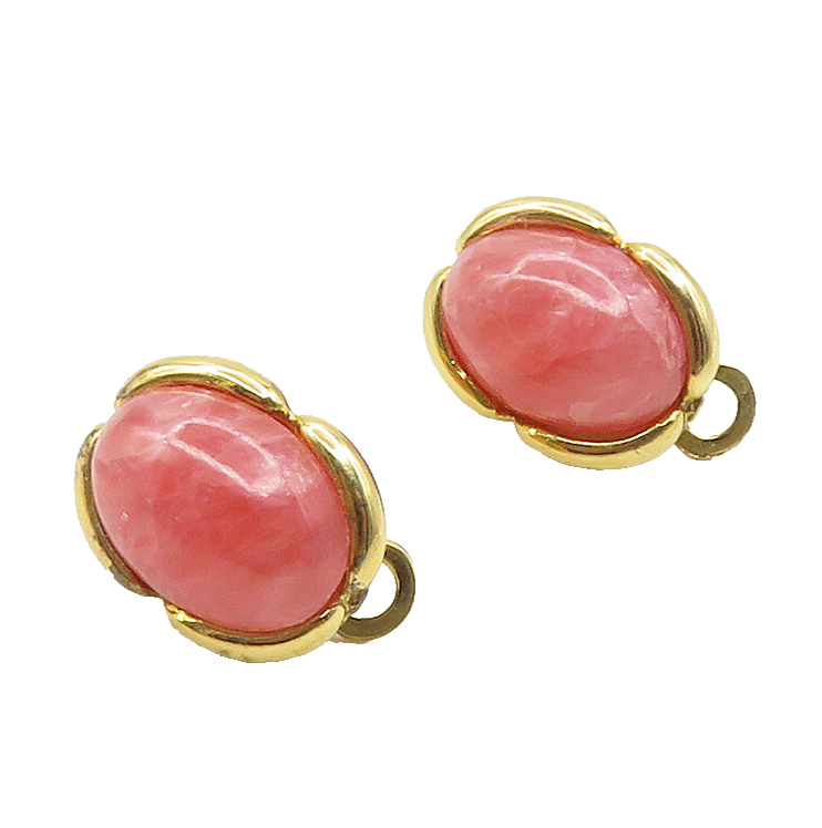 925 Silver  Cabochon Pink Quartz Shiny Gold Plated Non Pierce Earrings  EG8050