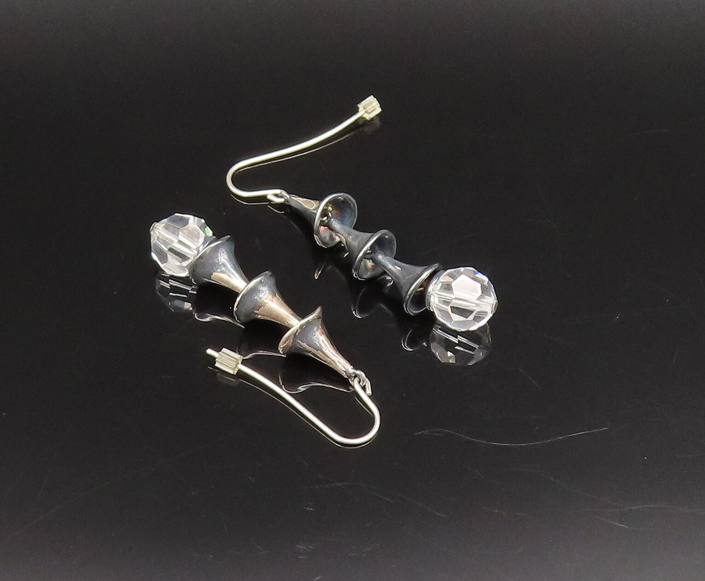 925 Silver  Vintage Clear Quartz Bead Three Cone Dangle Earrings  EG12186