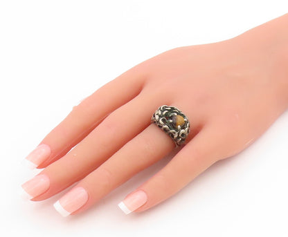 925 Sterling Silver Vintage Ring Round Tiger's Eye Brutalist Band  Sz 6  RG34033