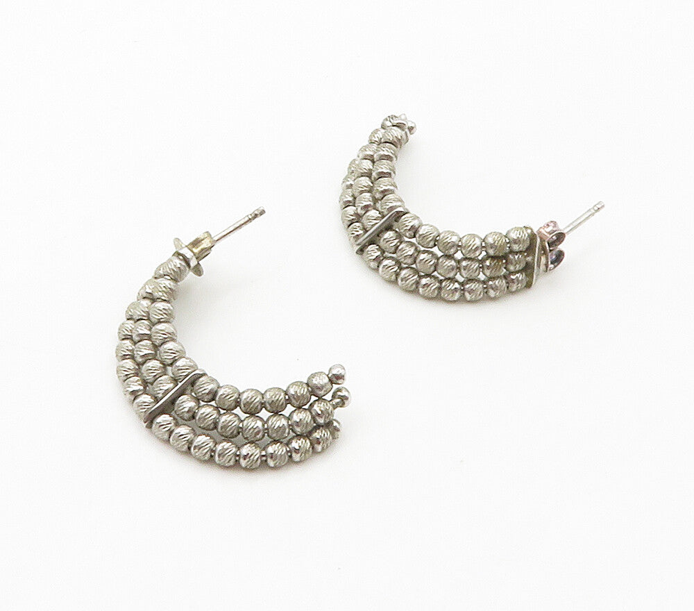 925 Sterling Silver  Vintage Shiny Petite Beaded Curve Drop Earrings  EG7748