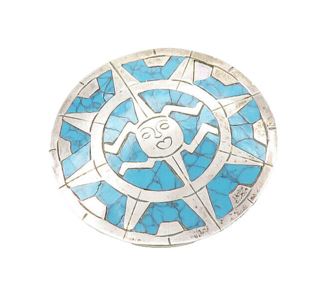 MEXICO 925 Sterling Silver  Vintage Turquoise Sun Face Brooch Pin  BP6886