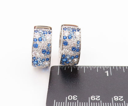 925 Sterling Silver Vintage Earrings Blue & White CZ Inlay Broad Hoops  EG13545