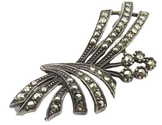 925 Sterling Silver  Vintage Sparkling Marcasite Floral Brooch Pin  BP4259