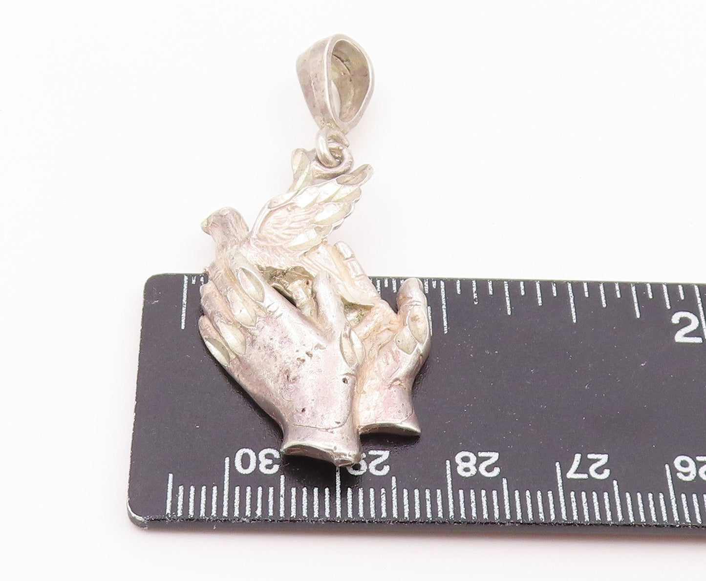 925 Sterling Silver Vintage Pendant Holy Spirit Dove & Faith Hands Charm PT26463