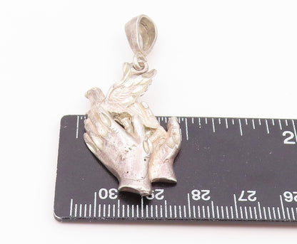925 Sterling Silver Vintage Pendant Holy Spirit Dove & Faith Hands Charm PT26463