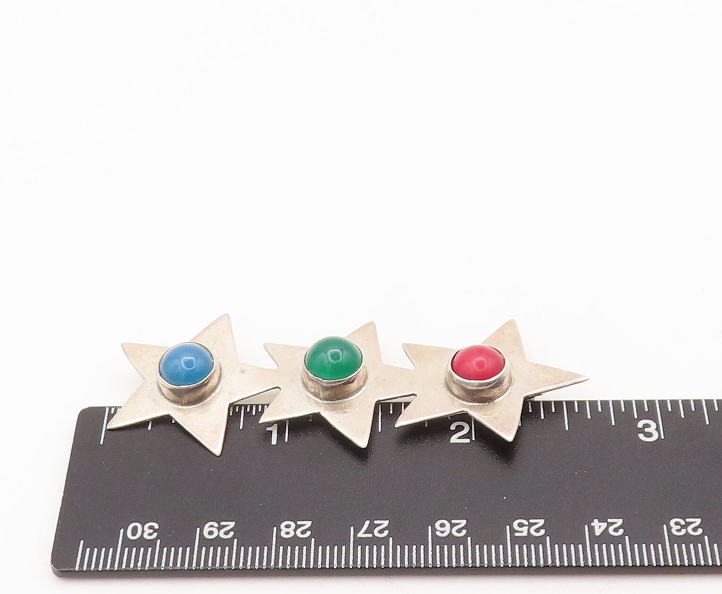 925 Sterling Silver Vintage Brooch Pin MEXICO Three Gemstone Solid Star  BP10536