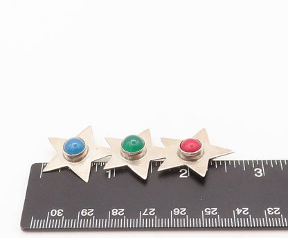 925 Sterling Silver Vintage Brooch Pin MEXICO Three Gemstone Solid Star  BP10536