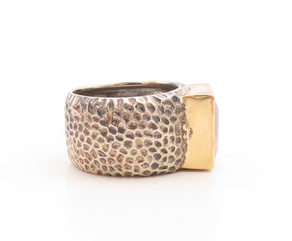 14k Gold 925 Sterling Silver Vintage Ring Pink CZ Hammered Effect  Sz 7  RG31510