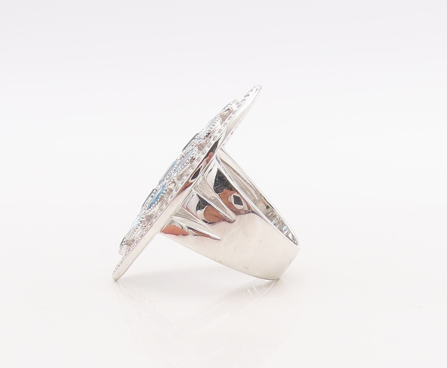 925 Sterling Silver Vintage Ring Carved Oval Cut Blue Topaz Inlay  Sz 7  RG29847