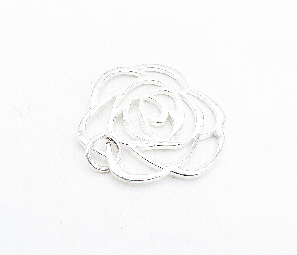925 Sterling Silver  Shiny Polished Open Rose Flower Motif Pendant  PT4648