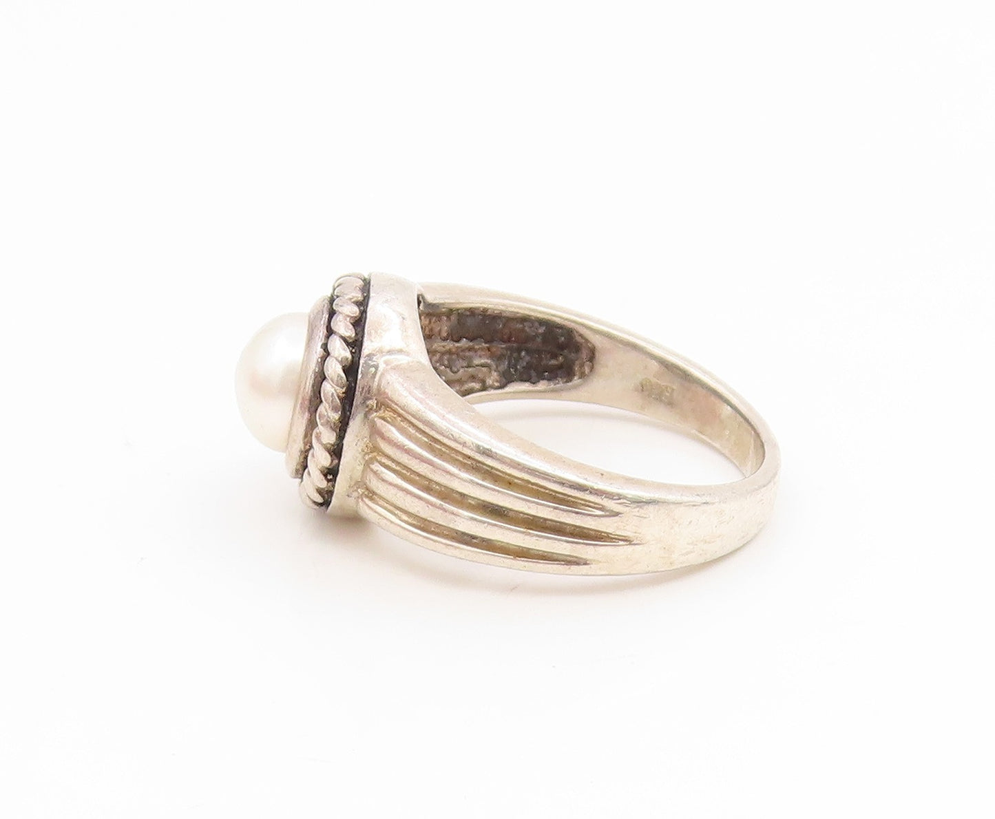 925 Sterling Silver Vintage Ring Pearl Ribbed Twisted Rope Band  Sz 8  RG35146