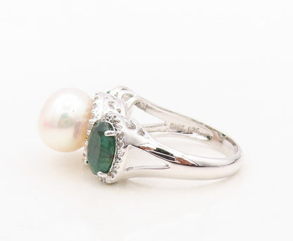 925 Sterling Silver Vintage Ring Diamonds Pearl & Gemstone Inlay  Sz 8  RG30492