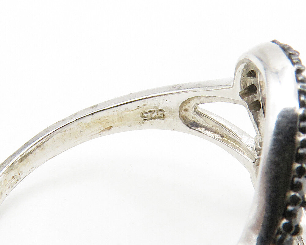 925 Sterling Silver  Hematite & Cubic Zirconia Heart Band Ring Sz 9  RG13990