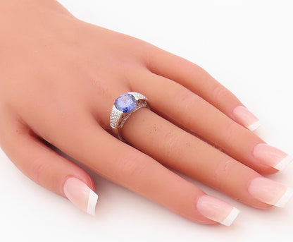 925 Sterling Silver Vintage Ring Round Cut Sapphire & CZ Inlay Sz 7  RG30460