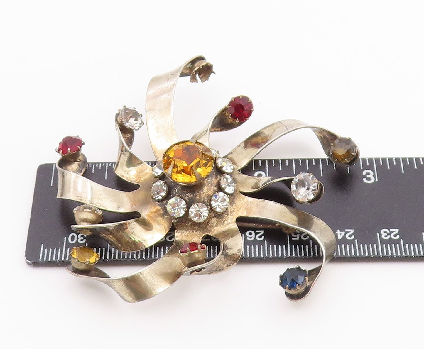 925 Silver  Vintage Citrine & Cubic Zirconia Floral Ribbon Brooch Pin  BP5150