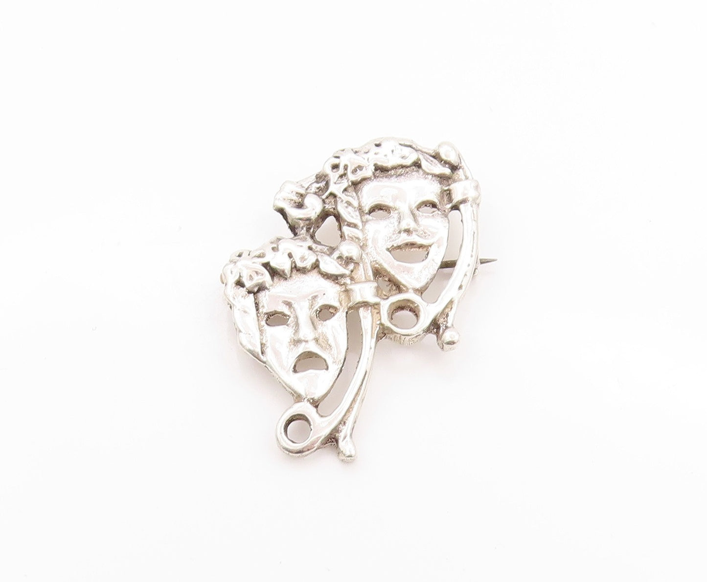 925 Sterling Silver Vintage Brooch Happy & Sad Mime Faces Carved  BP11646