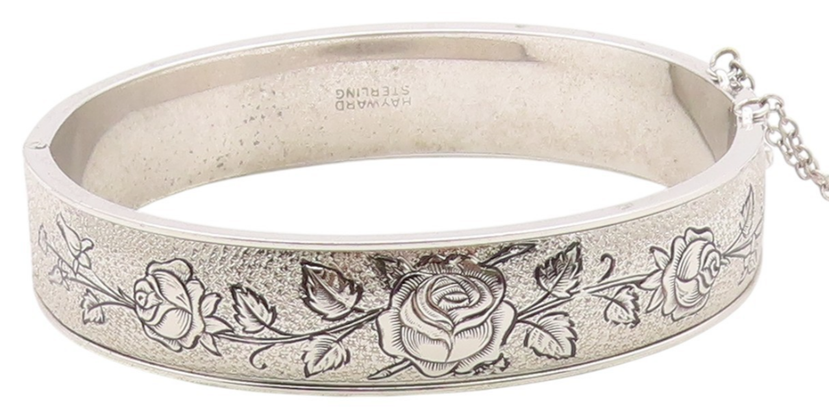 HAYWARD 925 Silver  Vintage Shiny Rose Flower Motif Bangle Bracelet  BT8307