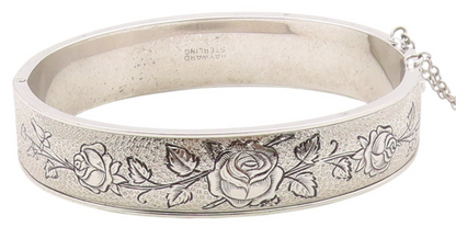 HAYWARD 925 Silver  Vintage Shiny Rose Flower Motif Bangle Bracelet  BT8307